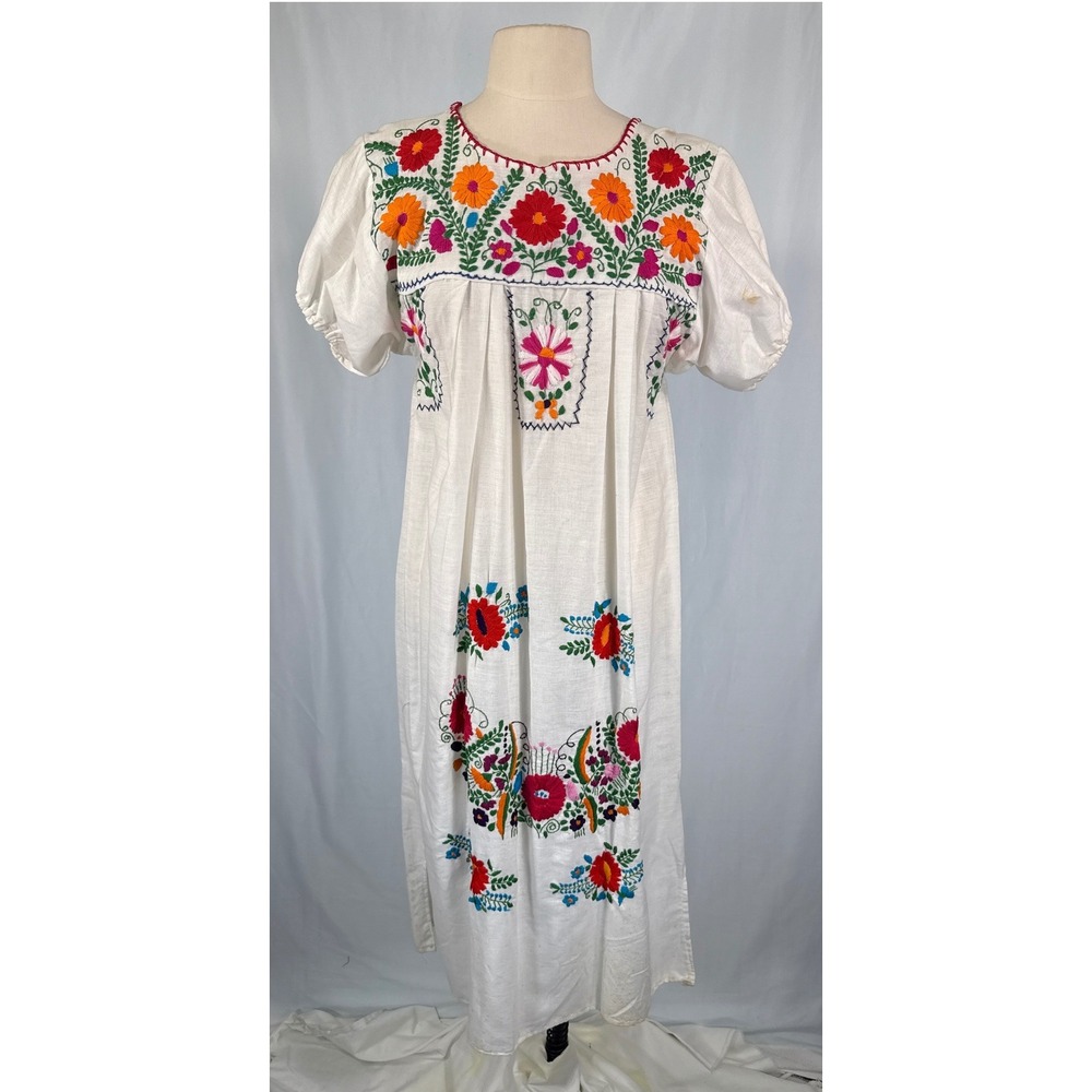 Vintage Mexican Huipil Floral Embroidered Dress White Cotton Midi Puff Sleeve